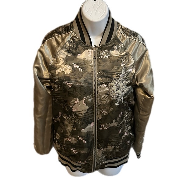 Members Only Bomber Jacket Green Peach Satin Reversible Full Zip - Picture 5 of 14